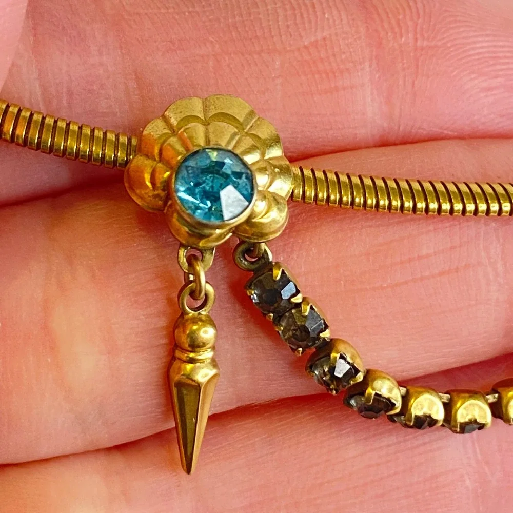 Vintage Gold‎ Filled Blue Rhinestone Festoon Snake Chain Spike Necklace 15